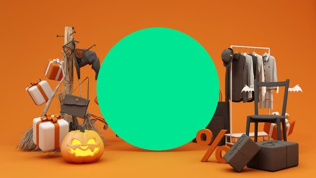 Halloween Sale Promotion Poster or banner with Halloween Pumpkin and fashion shopping clothes and gift box with Product podium, Background Halloween template, green screen. 3d render animation loop