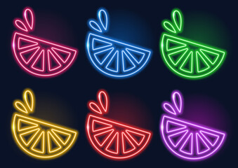 Neon sign. Set of neon lemon slices in different colors. Laser glowing lines on a black background. Lime fruits.