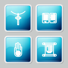 Set line Christian cross on chain, The commandments, Jainism or Jain Dharma and Decree, paper, parchment, scroll icon. Vector