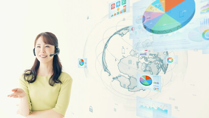 Virtual seminar concept. Asian woman giving a presentation. Online conference.