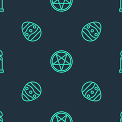 Set line Pentagram in a circle, Easter egg and Burning candle on seamless pattern. Vector