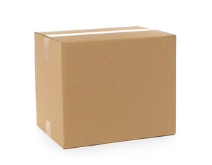One closed cardboard box isolated on white. Delivery service - obrazy, fototapety, plakaty