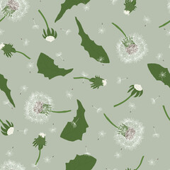 Vector Seamless Pattern With Flowers and Leaves Dandelion on Green Background.