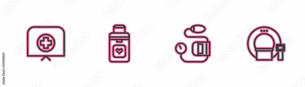 Sticker set line nurse hat with cross, blood pressure, organ container and tomography icon. vector