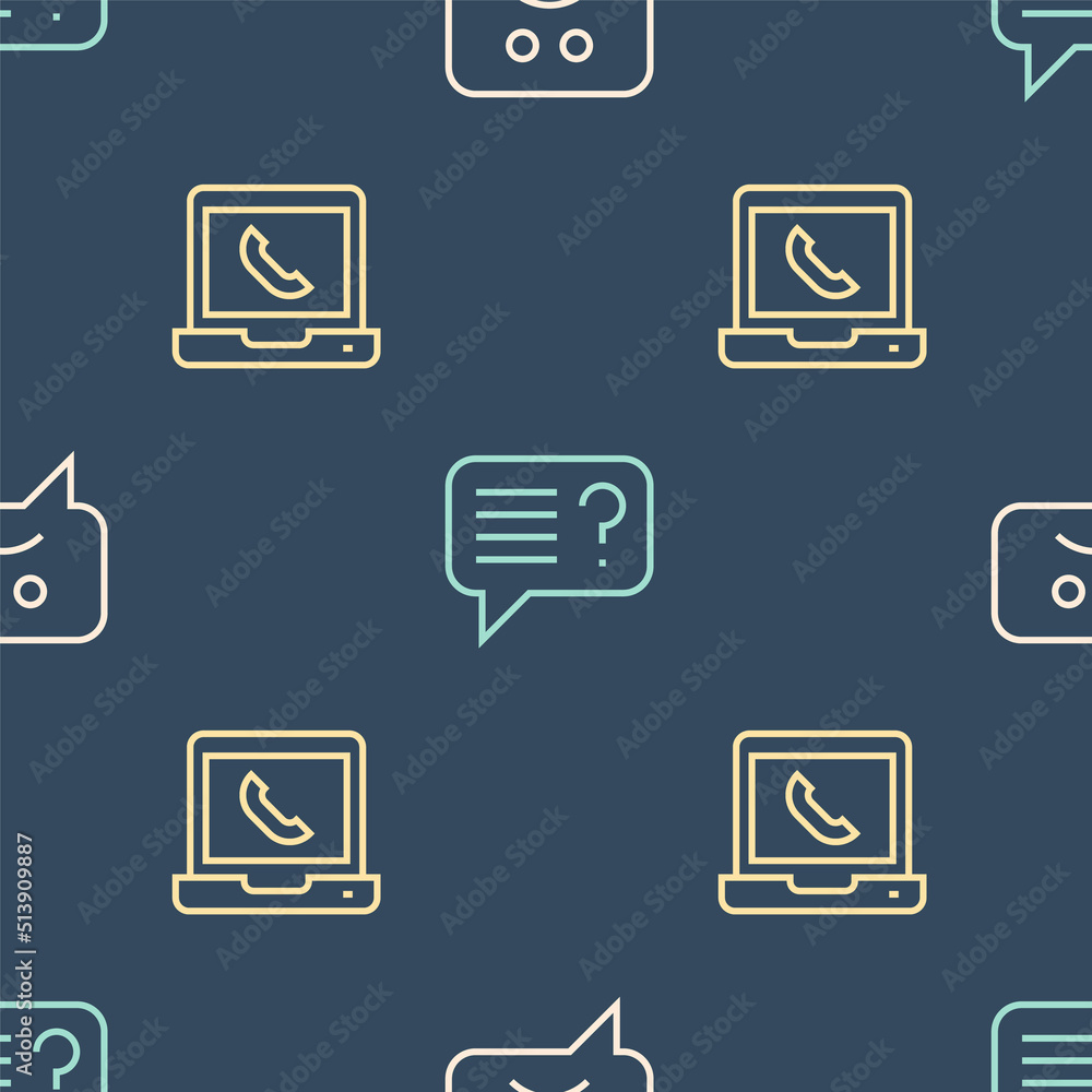 Aufkleber set line sad smile, telephone 24 hours support and unknown search on seamless pattern. vector