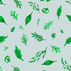 Set of branches with leaves on a blue background. Floral seamless pattern with elements leaves, branches, hearts. Botanical illustrations. Green twigs