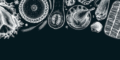 Thanksgiving dinner menu design. Fall food and drinks banner. Sketched roasted turkey, cooked vegetables, baked goods, desserts sketches. Vintage autumn food template. Thanksgiving table on chalkboard