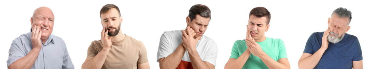 Collage with photos of men suffering from toothache on white background. Banner design