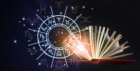 Old books, illustration of zodiac wheel with astrological signs and starry sky at night. Banner...