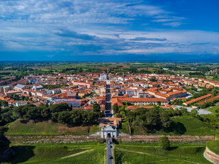 Bird's-eye view of the Renaissance city of Palmanova. Friuli.