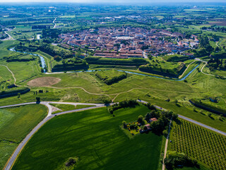 Bird's-eye view of the Renaissance city of Palmanova. Friuli.