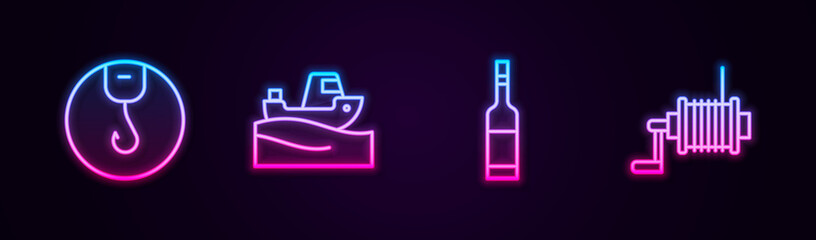 Set line Fishing hook, boat on water, Bottle of vodka and Spinning reel for fishing. Glowing neon icon. Vector