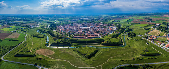 Bird's-eye view of the Renaissance city of Palmanova. Friuli. - obrazy, fototapety, plakaty