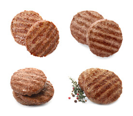 Set with tasty grilled hamburger patties on white background