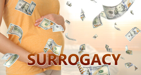 Surrogacy concept. Closeup view of young pregnant woman and flying money on light background
