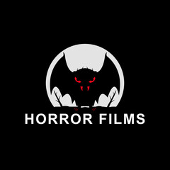 Horror films logo with monster illustration. Vector drawing on black background.