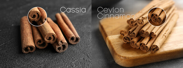 Collage with photos of cassia and ceylon cinnamon sticks on black table, closeup. Banner design - obrazy, fototapety, plakaty