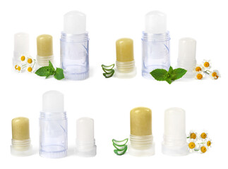 Set with different natural crystal alum deodorants on white background