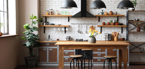 Beautiful kitchen interior with new stylish furniture. Banner design