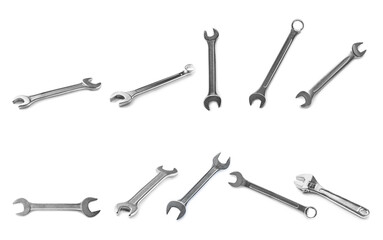 Set of new wrenches on white background