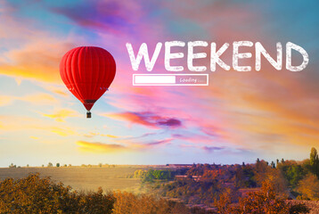 Weekend coming soon. Illustration of progress bar and beautiful view of hot air balloon flying over...