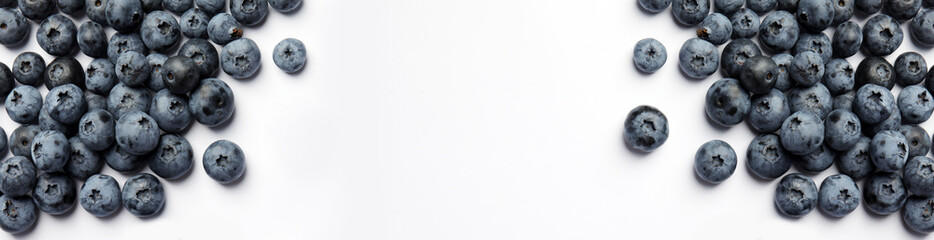 Tasty fresh blueberries on white background, top view with space for text. Banner design
