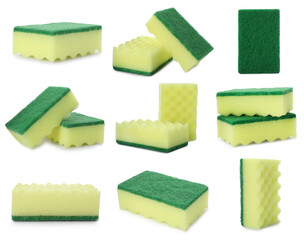 Set with cleaning sponges on white background
