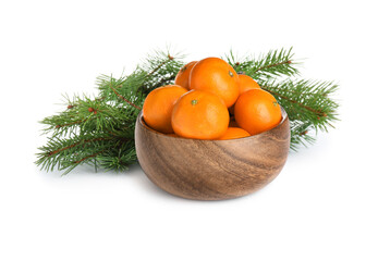 Fototapeta na wymiar Beautiful composition with ripe tangerines and green fir branches on white background
