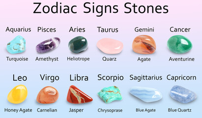 Zodiac signs and their gemstones on color background - obrazy, fototapety, plakaty
