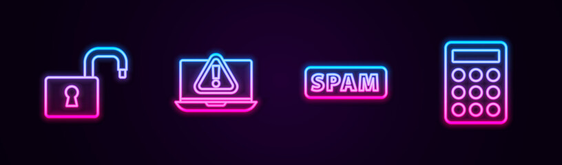 Set line Open padlock, Laptop with exclamation mark, Spam and Password protection. Glowing neon icon. Vector