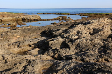 Rocky shore of the Mediterranean Sea in northern Israel.