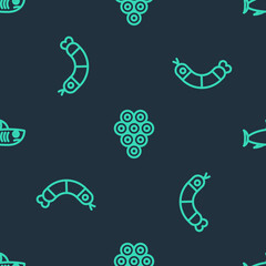 Set line Caviar, Shrimp and Shark on seamless pattern. Vector