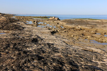 Rocky shore of the Mediterranean Sea in northern Israel.
