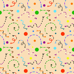 Festive vintage pattern on a warm background. Multicolored vector arrows, circles, spirals.