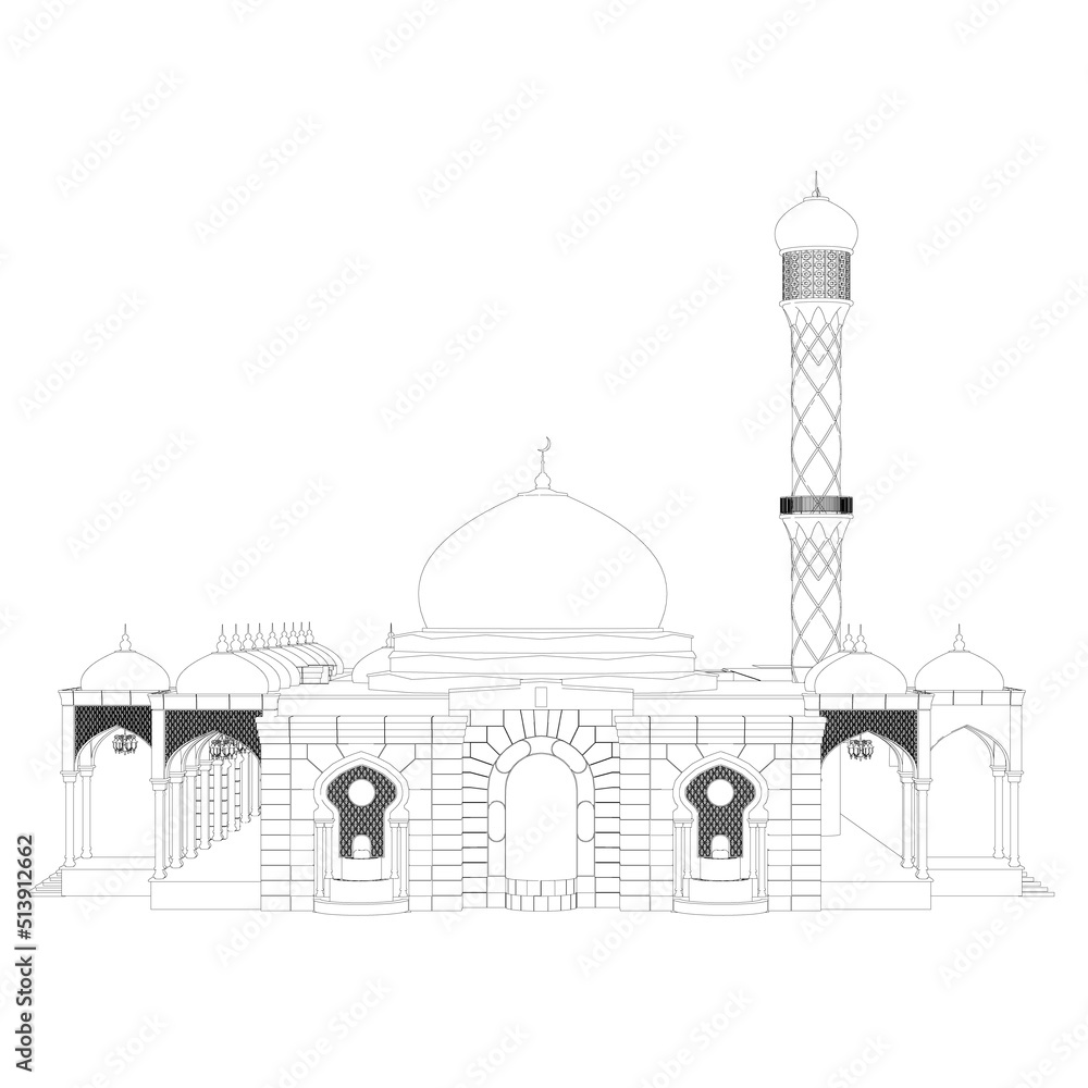 Poster outline of a large temple from black lines isolated on a white background. front view. 3d. vector il