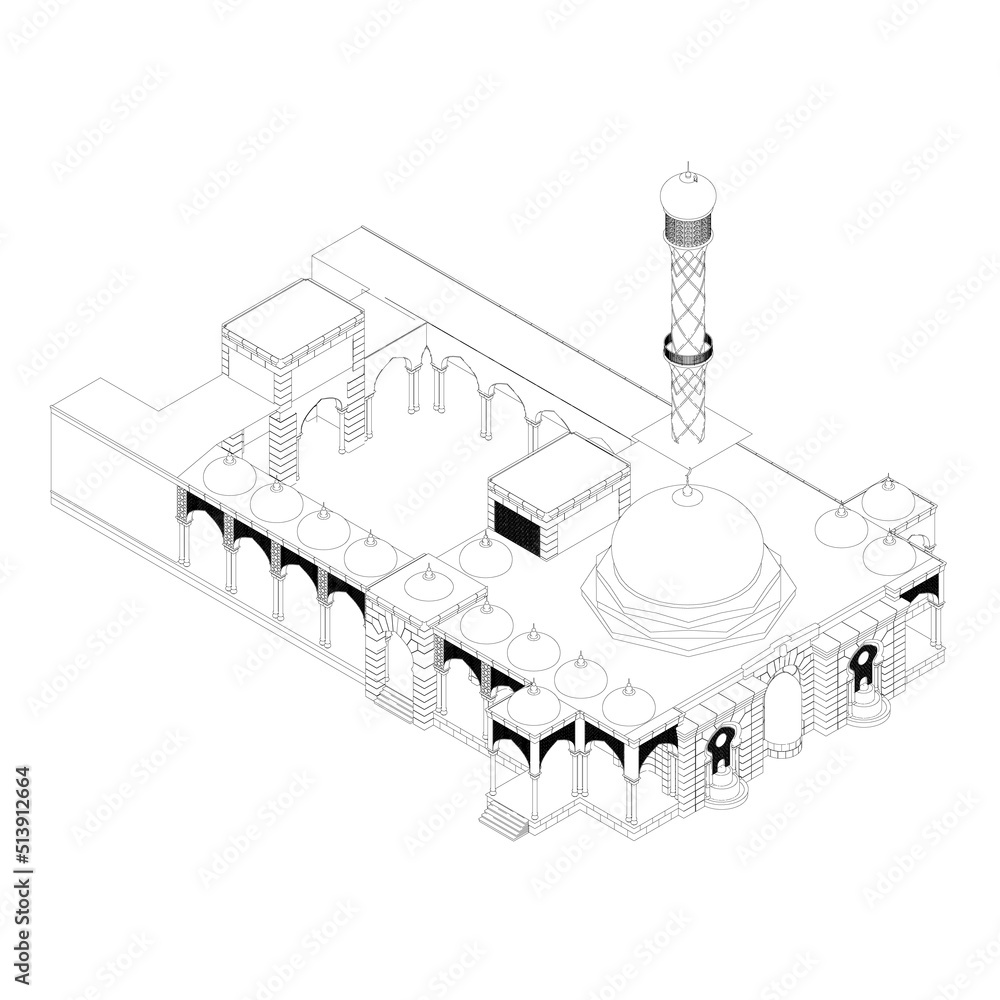 Poster outline of a large temple from black lines isolated on a white background. isometric view. 3d. vecto