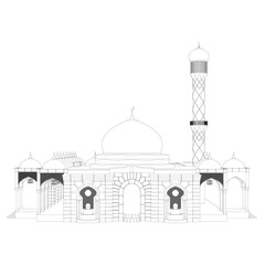 Outline of a large temple from black lines isolated on a white background. Front view. 3D. Vector illustration.