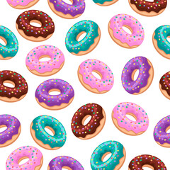 Fototapeta premium Seamless pattern of mouth-watering chocolate,pink,purple,green donuts on a white background.Vector pattern of confectionery dessert.It can be used in the menus of bakeries,restaurants,cafes,textiles,