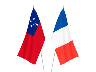 National fabric flags of France and Independent State of Samoa isolated on white background. 3d rendering illustration.