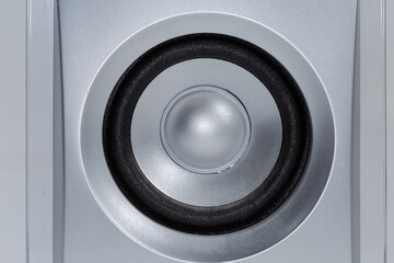 Woofer of the home loudspeaker in silvery housing close-up