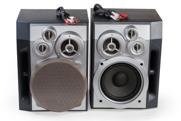 Pair of home three-way loudspeaker systems and audio cables