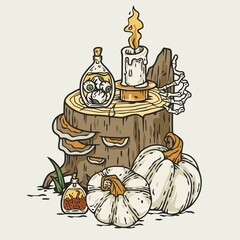 Fototapeta premium Autumn halloween pumpkin and stump. October composition for postcard or poster