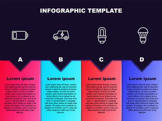 Fototapeta premium Set line Battery, Electric car, LED light bulb and . Business infographic template. Vector