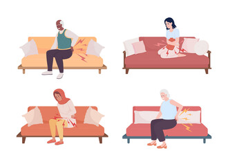 People suffering from stomach and back pain semi flat color vector character set. Editable figures on sofa. Simple cartoon style illustration collection for web graphic design and animation