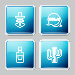 Set line Mexican man sombrero, Hola, Tequila bottle and Cactus icon. Vector © vector_v