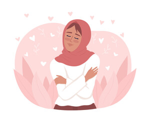 Pretty woman with healthy self esteem 2D vector isolated illustration. Embracing herself flat character on cartoon background. Positive colourful editable scene for mobile, website, presentation