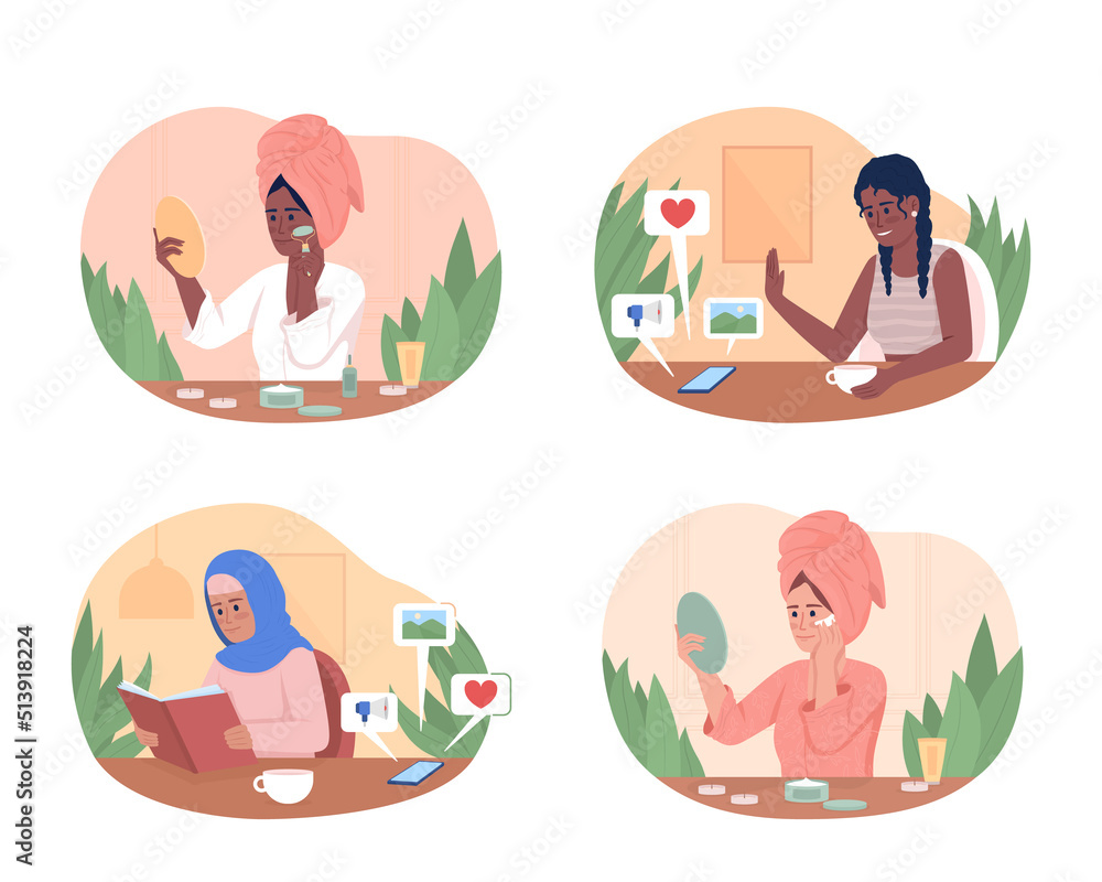 Poster time for yourself 2d vector isolated illustration set. positive flat characters on cartoon backgroun