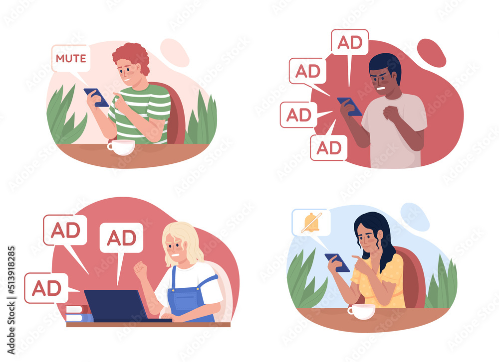 Poster internet users issues 2d vector isolated illustration set. flat characters on cartoon background. co