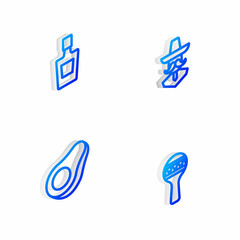 Set Isometric line Mexican man sombrero, Tequila bottle, Avocado fruit and Maracas icon. Vector