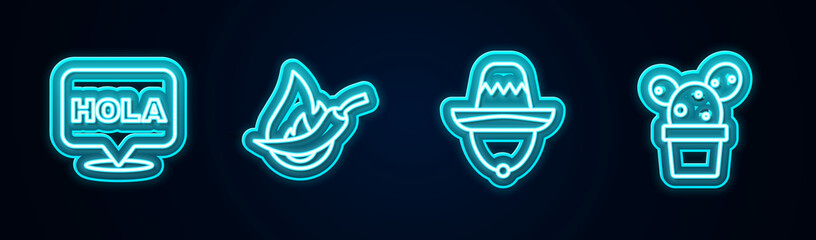 Set line Hola, Hot chili pepper pod, Mexican sombrero and Cactus or succulent in pot. Glowing neon icon. Vector © vector_v